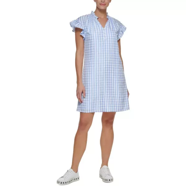 DKNY Womens Blue Checkered V-Neck Cap-Sleeve Shift Dress 14 BHFO 6159