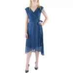 DKNY Womens Chiffon Metallic Handkerchief Hem Wrap Dress BHFO 3888