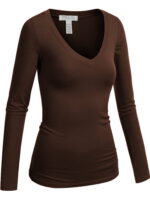 Emmalise Women's Casual Basic V-Neck Tshirt Long Sleeves Tee Top - Brown, S