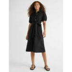 Free Assembly Women’s Midi Shirtdress with Puff Sleeves, Sizes XS-XXL