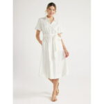 Free Assembly Women’s Midi Shirtdress with Puff Sleeves, Sizes XS-XXL