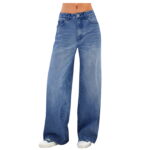 Labakihah jeans for women Women's Casual Solid Wide Leg Pants Zipper Fly Pocket High Waist Jeans Trousers high waisted jeans for women dark blue