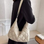 Lady Soft Shoulder Satchels Side Bags Nylon Quilted Padded Short Handle Totes Women Bag Handbags(Light Beige)