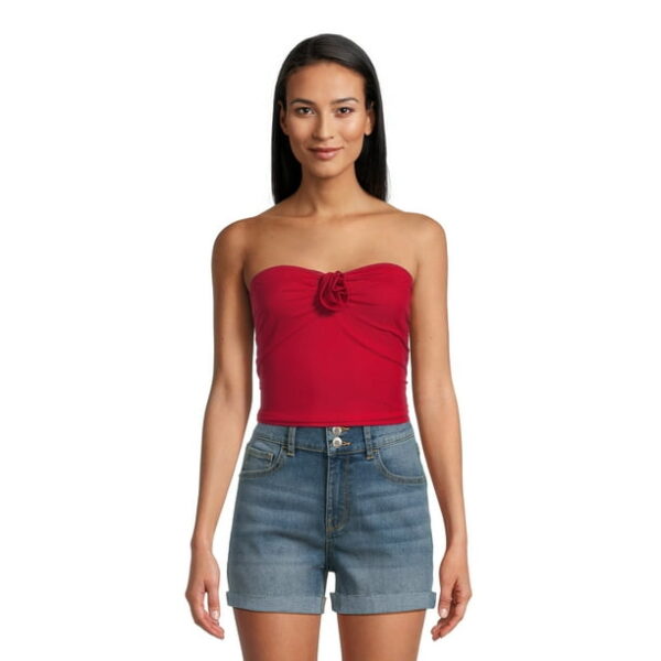 No Boundaries Juniors’ Ruched Tube Top with Rosette, Sizes XS-XXXL