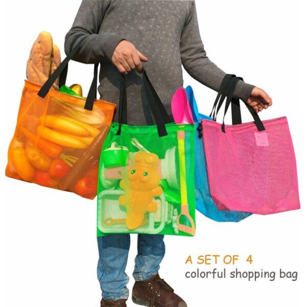 4pcs colorful mesh beach tote bag, mesh drawstring shopping bag suitable for gifts, toys, groceries and laundry