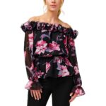 Adrianna Papell Womens Black Floral Ruffled Bell Sleeve Blouse Shirt 6 BHFO 6811
