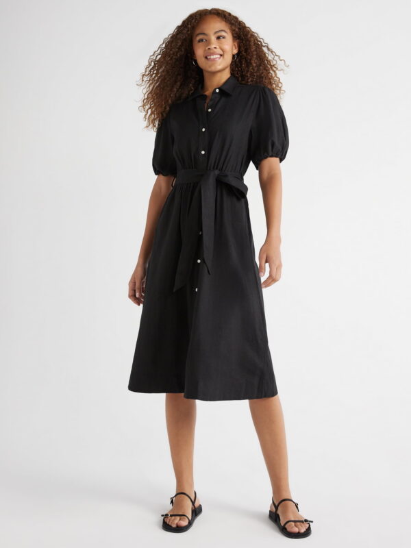 Free Assembly Women’s Midi Shirtdress with Puff Sleeves, Sizes XS-XXL