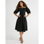 Free Assembly Women's Ruched Halter Dress with Puff Sleeves, Sizes XS-XXL