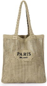 Gocvo Crochet Tote Bag for Women, Crochet Mesh Summer Tote Bag Summer Vacation Aesthetic (Khaki)