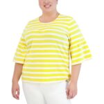 Jones New York Womens Yellow Crewneck Striped Tee T-Shirt Top Plus 2X BHFO 9370