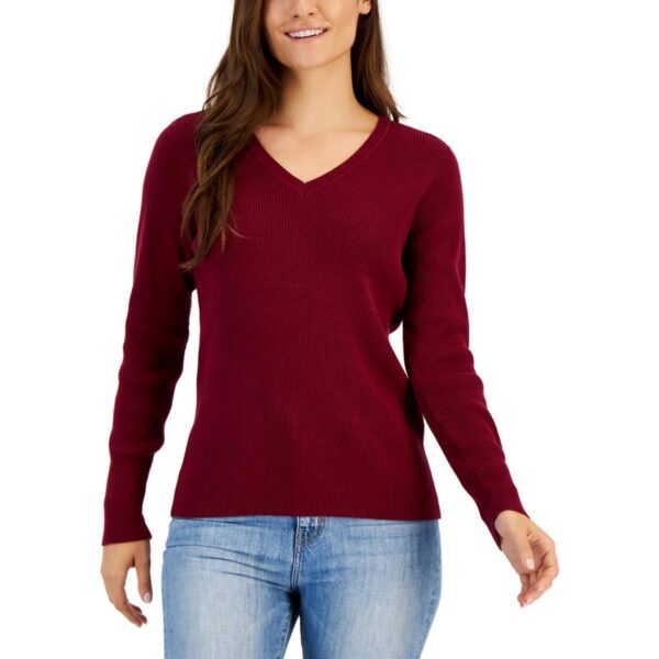 Karen Scott Womens Cotton Ribbed V-Neck Pullover Sweater Petites BHFO 9036