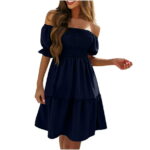 Off Shoulder Dress for Women Short Sleeve Ruffle Boho Dress Solid Color Summer Casual Loose Flowy Swing Midi Dress