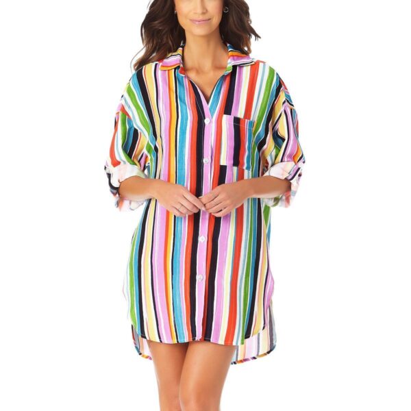 Anne Cole Womens White Striped Tunic Button Front Cover-Up L/XL BHFO 8702