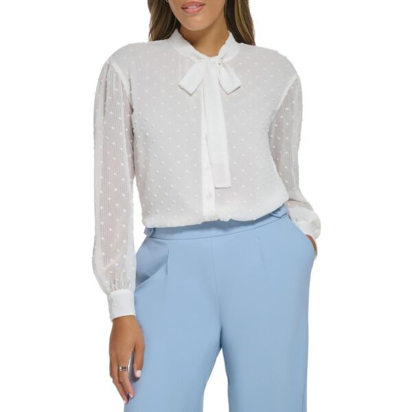 Calvin Klein Womens Ivory Button Down Tie Neck Casual Blouse L BHFO 7851