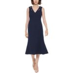 Calvin Klein Womens Navy V-Neck A-Line Work Midi Dress 4 BHFO 4877