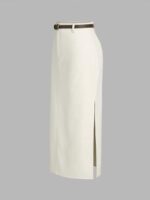 CIDER French Riviera Vacation Linen-blend Mid Rise Solid Midi Skirt with Belt