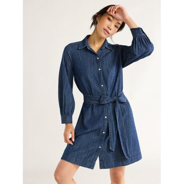 Free Assembly Women’s Denim Belted Mini Shirtdress, Sizes XS-XXL