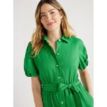 Free Assembly Women’s Midi Shirtdress with Puff Sleeves, Sizes XS-XXL