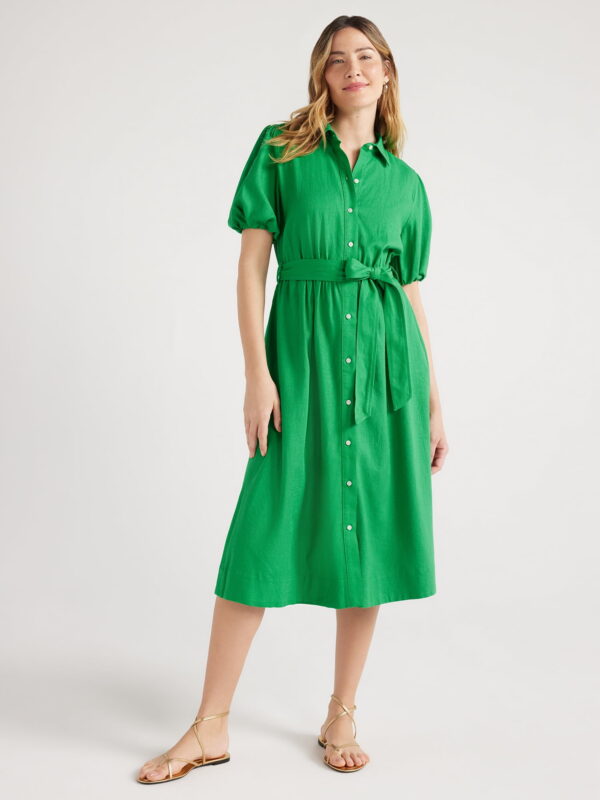 Free Assembly Women’s Midi Shirtdress with Puff Sleeves, Sizes XS-XXL