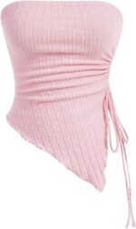 GORGLITTER Women's Strapless Asymmetrical Hem Tube Tops Drawstring Side Ruched Knit Bandeau Top