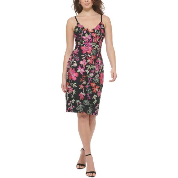 Guess Womens Black Embroidered Midi V Neck Sheath Dress 6 BHFO 8121