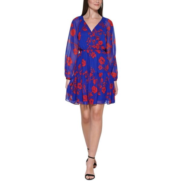 Guess Womens Blue Chiffon Surplice Mini Fit & Flare Dress 16 BHFO 4274