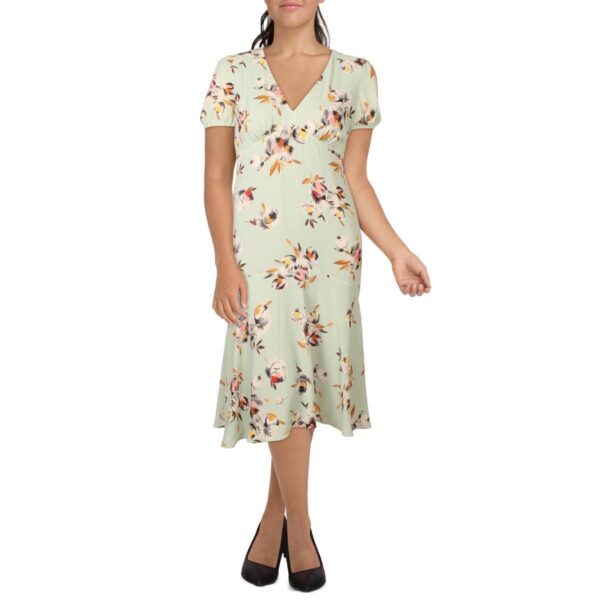 Lauren Ralph Lauren Womens Puff Sleeve V Neck Summer Midi Dress BHFO 3314