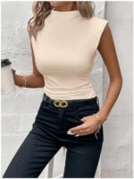 MakeMeChic Women's Casual Mock Neck Ruched Tank Top Sleeveless Slim Fit Summer Shirts