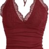 MakeMeChic Women's Halter Top Y2K Lace Ruched V Neck Halter Tank Tops Cami Top