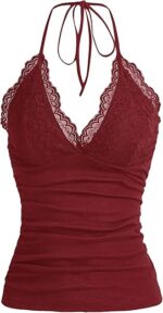 MakeMeChic Women's Halter Top Y2K Lace Ruched V Neck Halter Tank Tops Cami Top