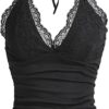 MakeMeChic Women's Halter Top Y2K Lace Ruched V Neck Halter Tank Tops Cami Top