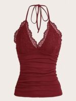 MakeMeChic Women's Halter Top Y2K Lace Ruched V Neck Halter Tank Tops Cami Top