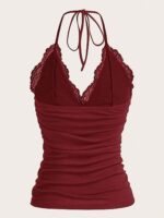 MakeMeChic Women's Halter Top Y2K Lace Ruched V Neck Halter Tank Tops Cami Top