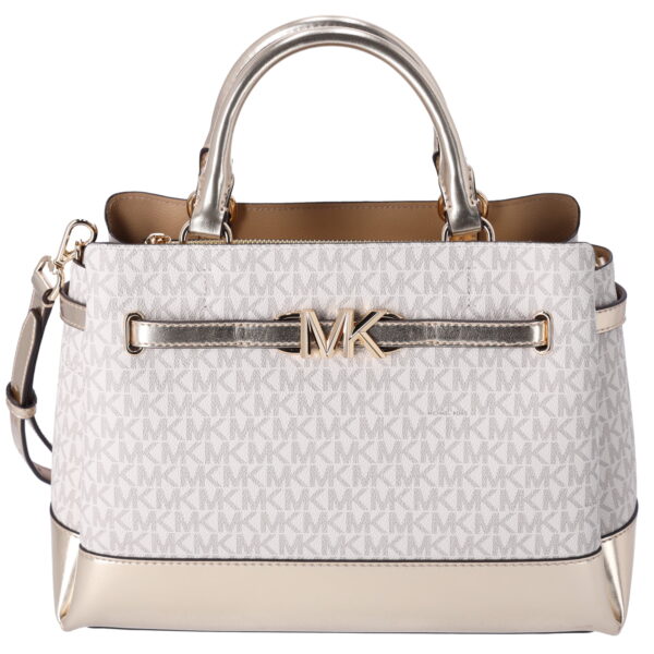 Michael Kors Reed Large Belted Satchel Vanilla MK Signature Pale Gold