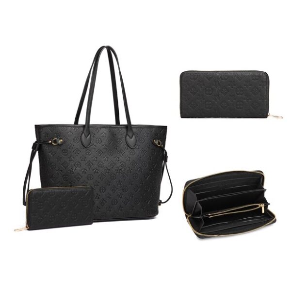 MilaKate Womens Embossed Black Color Tote Bag With Wallet- Mini Floral prints on Fashion Bags. Size: (15.3" X 13" X 7.8")