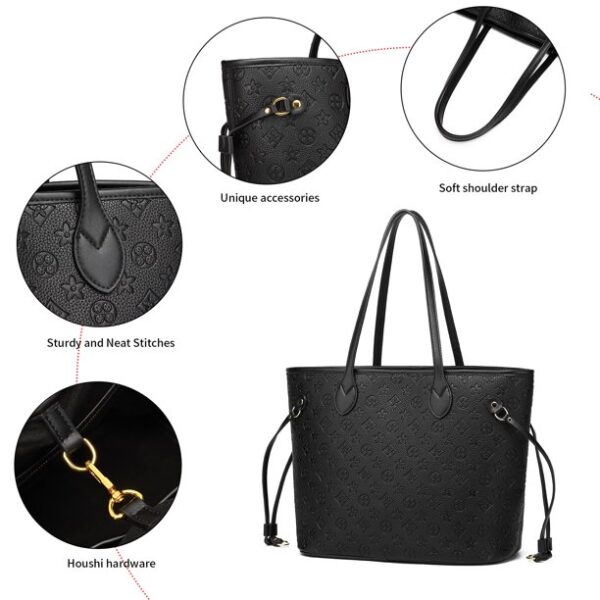 MilaKate Womens Embossed Black Color Tote Bag With Wallet- Mini Floral prints on Fashion Bags. Size: (15.3" X 13" X 7.8")