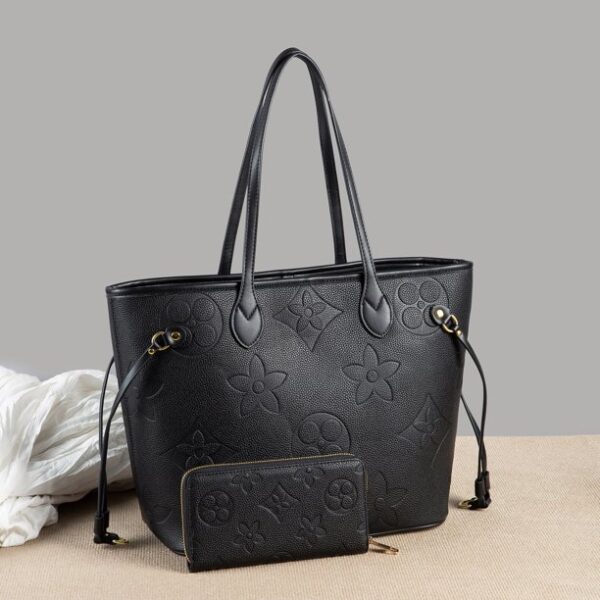 MilaKate Womens Embossed Black Color Tote Bag With Wallet- Mini Floral prints on Fashion Bags. Size: (15.3" X 13" X 7.8")