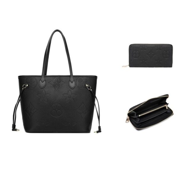 MilaKate Womens Embossed Black Color Tote Bag With Wallet- Mini Floral prints on Fashion Bags. Size: (15.3" X 13" X 7.8")