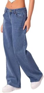 NIMIN Womens Baggy Mid Waist Jeans Loose Straight Wide Leg Boyfriend Jeans Casual Denim Pants with Pockets