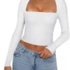 REORIA Women's Basic Sexy Square Neck Long Sleeve Y2K Going Out T Shirt Crop Top