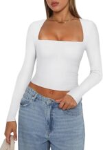 REORIA Women's Basic Sexy Square Neck Long Sleeve Y2K Going Out T Shirt Crop Top