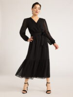 Sofia Jeans Women's Belted Cross Front Maxi Dress with Long Sleeves, Above Ankle Length, Sizes XS-XXXL