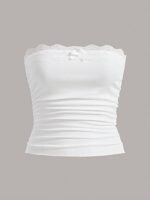 SOLY HUX Women's Lace Trim Ruched Bandeau Crop Tube Tops Bowknot Front Strapless Summer Tops