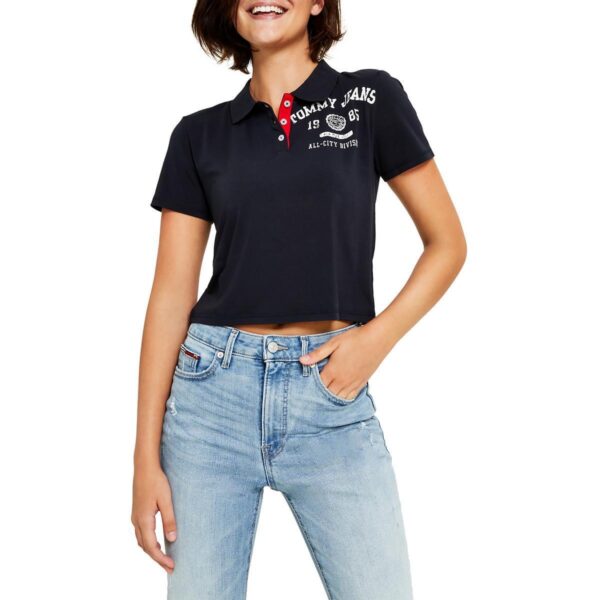 Tommy Jeans Womens Navy Logo Polo Button Cropped Shirt XL BHFO 8950