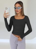 Trendy Queen Womens Long Sleeve Shirts Crop Tops Basic Double Layering Tight Slim Fit Y2K T Shirts Winter Clothes 2024