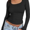 Trendy Queen Womens Long Sleeve Shirts Crop Tops Basic Double Layering Tight Slim Fit Y2K T Shirts Winter Clothes 2024