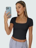 Trendy Queen Womens Short Sleeve T Shirts Square Neck Crop Going Out Cute Tops for Women Basics Tees Summer Trendy Clothes