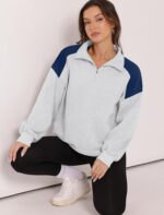 WIHOLL Oversized Quarter Zip Sweatshirts For Women Color Block Pullover Hoodies Sweaters Fall Outfits Winter Clothes 2024