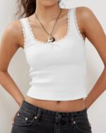 Women's Tank Tops Cute Slim Fitted Ribbed Knit Bow Lace Camisole Top Sexy Summer Square Neck Sleeveless Going Out Tops