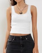 Women's Tank Tops Cute Slim Fitted Ribbed Knit Bow Lace Camisole Top Sexy Summer Square Neck Sleeveless Going Out Tops